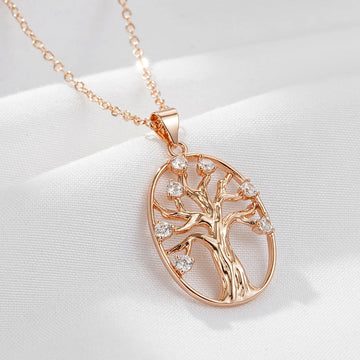Fashion New 14K Rolled Rose Gold Oval Hollow Life Tree with AAA Zircon Diamonds Necklace - Fine Jewellery